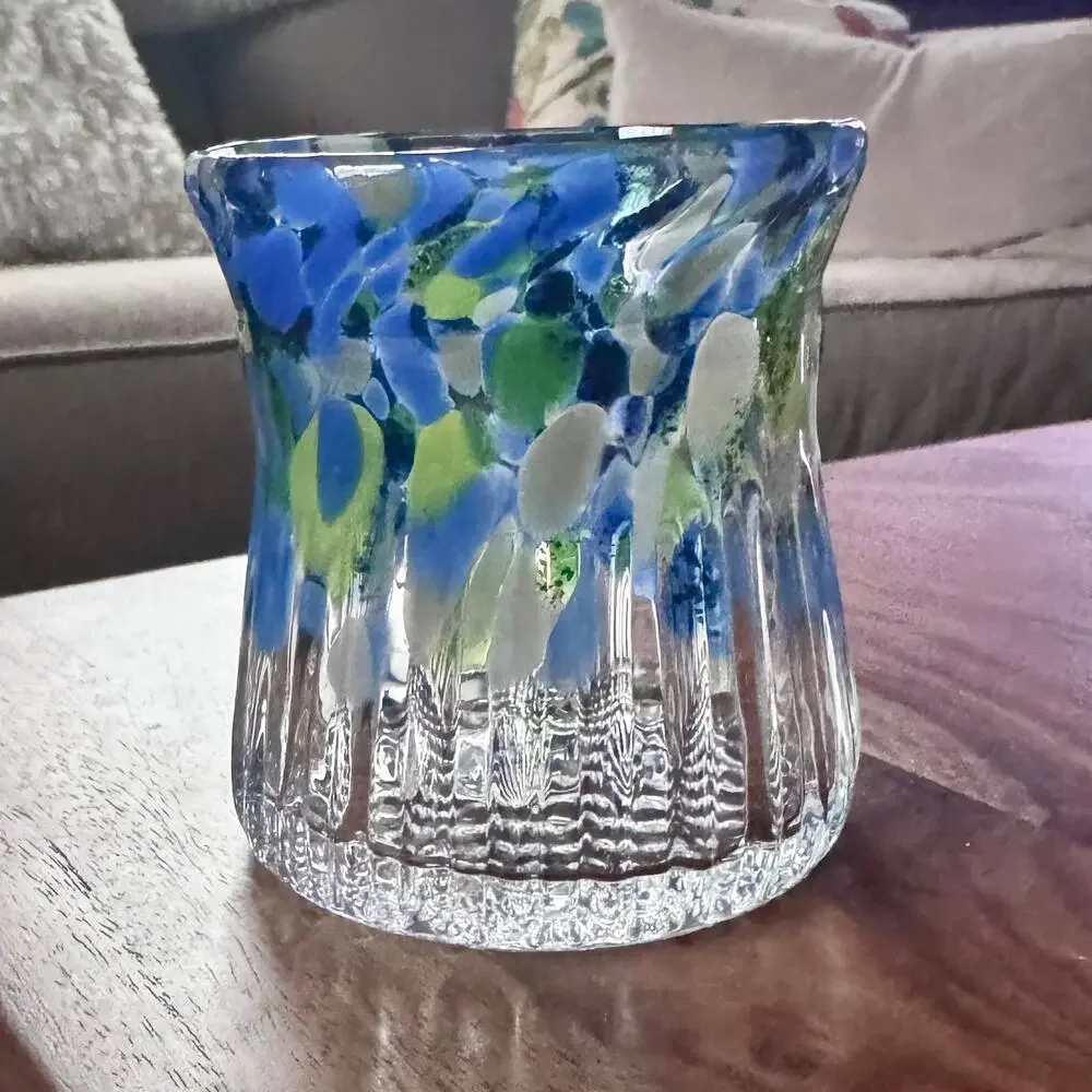 Vintage Art Glass Candle Holder Votive Tealight Confetti Coastal Boho Decor 3”